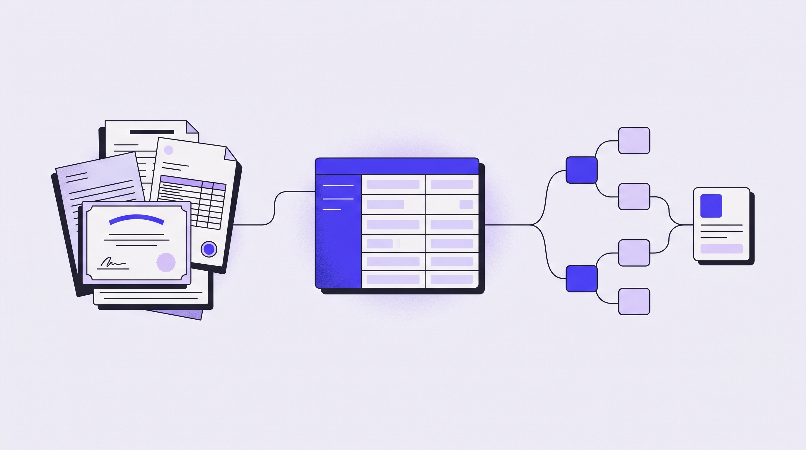 A pipeline diagram: applicant documents flow through a language-model reading stage into structured data, then into a deterministic logic tree that produces a single admissions recommendation.